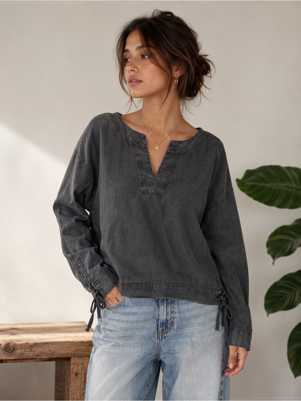 Madewell Washed Charcoal V-Neck Long Sleeve Tunic Size S